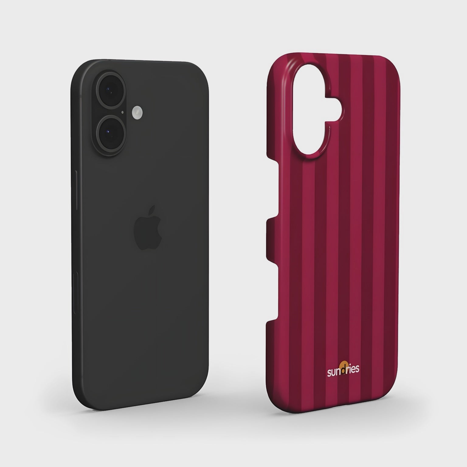 Black phone case and red striped phone case on a light gray background
