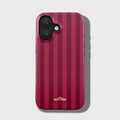 Red striped phone case with a brand logo on a light gray background