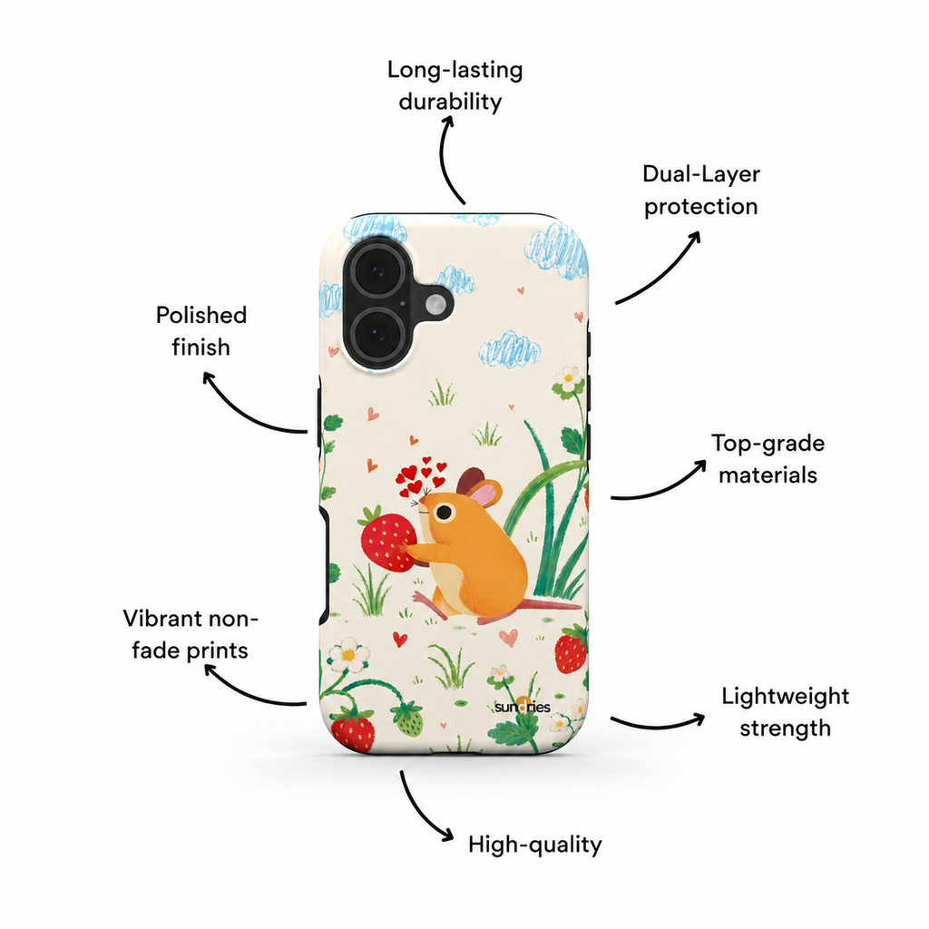 Phone case with a mouse design and features labeled on a white background