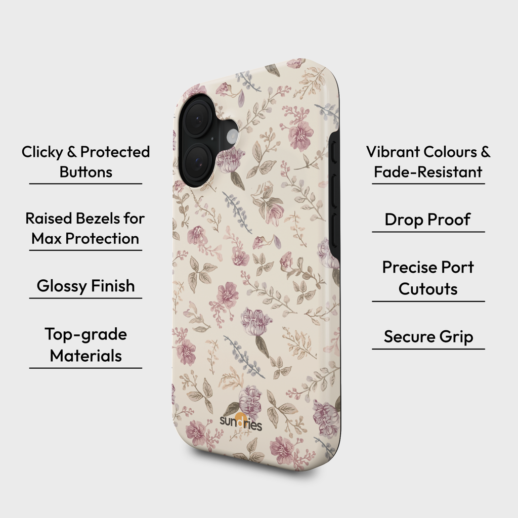 Floral phone case with features listed on a white background