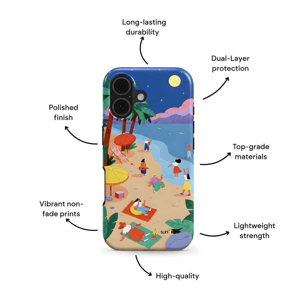 Phone case with beach scene design and feature text on a white background