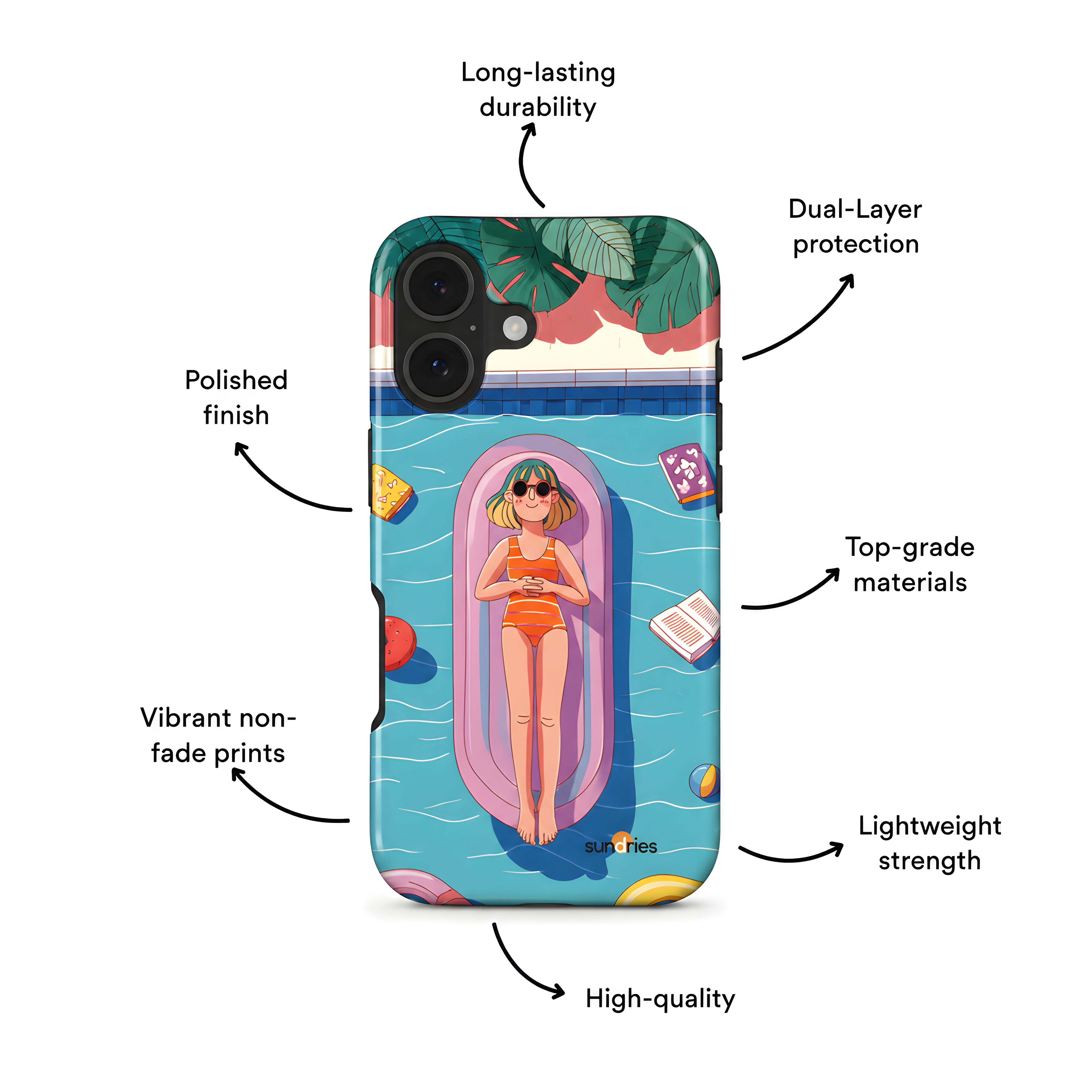 Phone case with a design of a woman on an inflatable ring, surrounded by text highlighting features.
