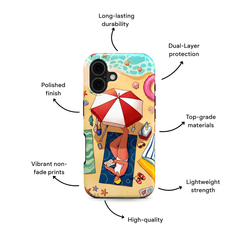 Phone case with beach design and features labeled on a white background