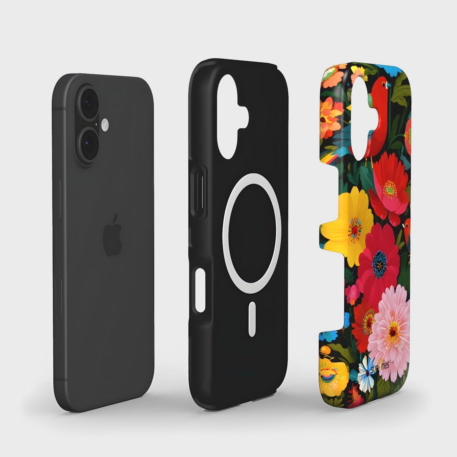 Three phone cases: black, black with Apple logo, and colorful floral design on a white background