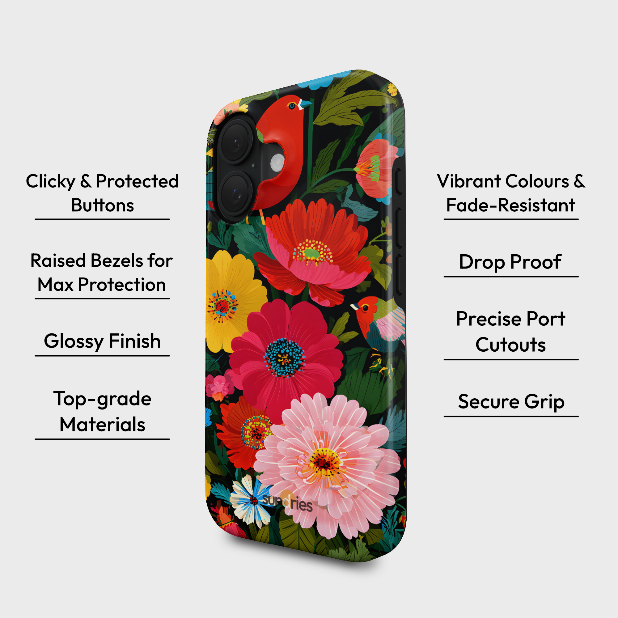 Floral phone case with protective features listed on a white background
