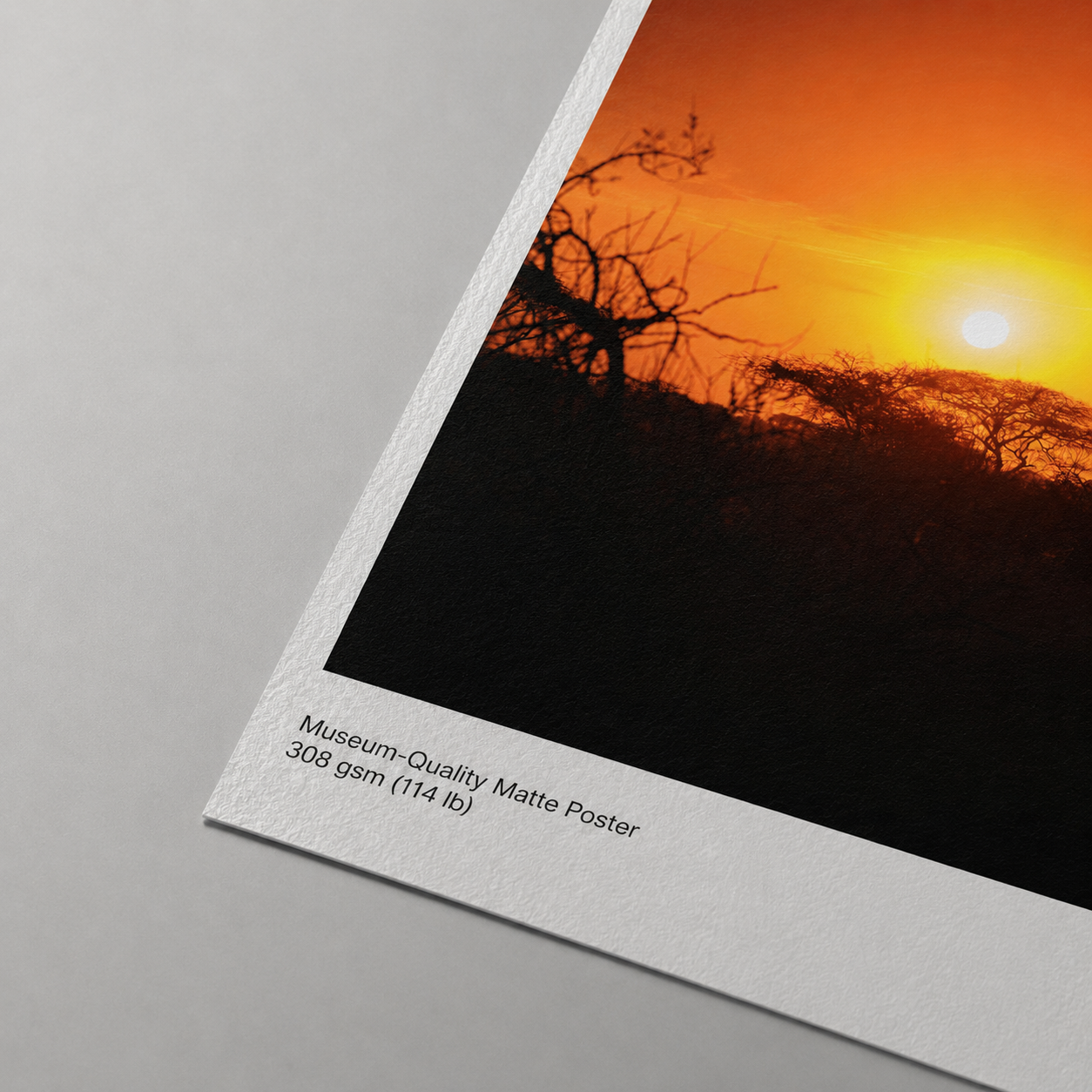 Museum-quality matte poster with a sunset landscape and tree silhouette.
