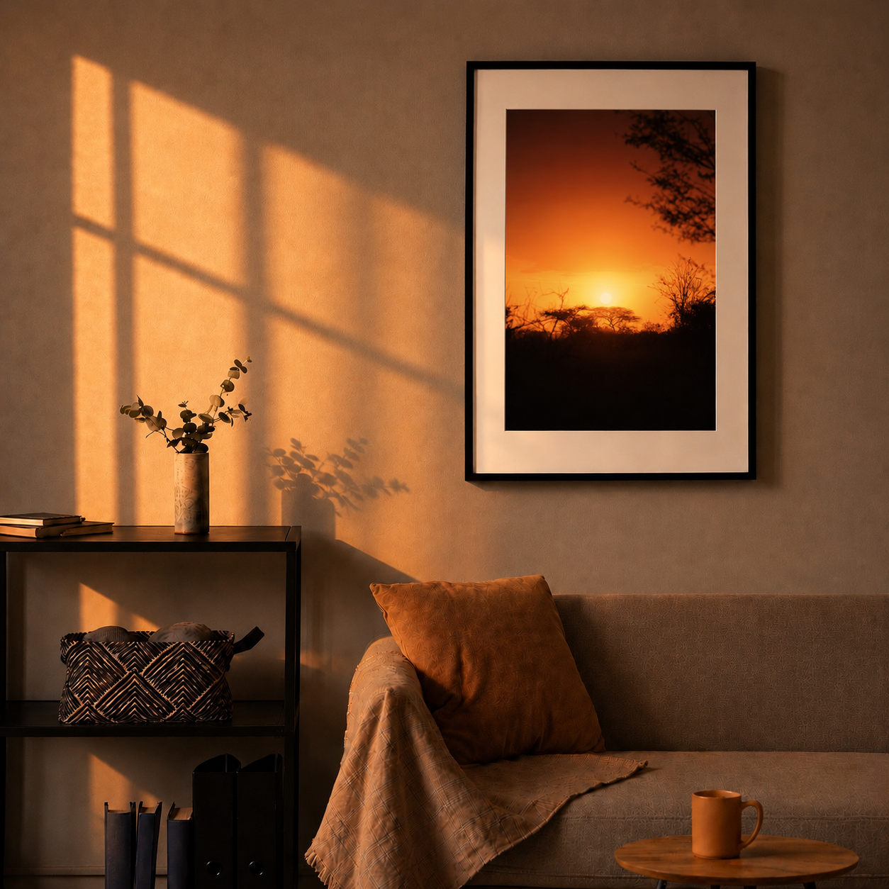 Living room with a framed sunset poster on the wall, a vase with flowers on a shelf, and a cozy sofa.