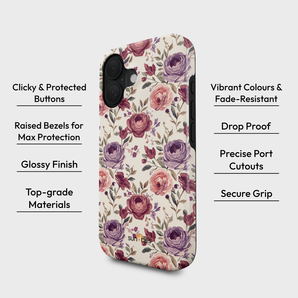 Floral patterned phone case with features listed on a white background