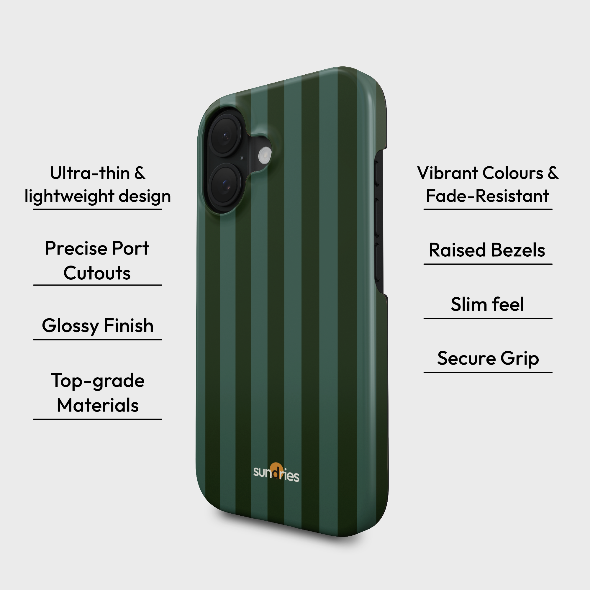 Green striped phone case with features listed on a white background