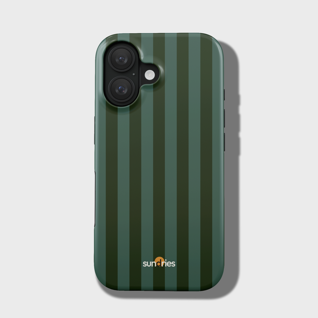 Green striped phone case with a brand logo on a light gray background