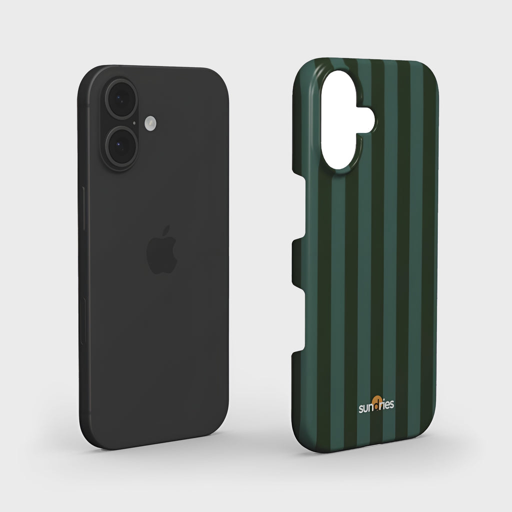 Black phone case and green striped phone case on a white background